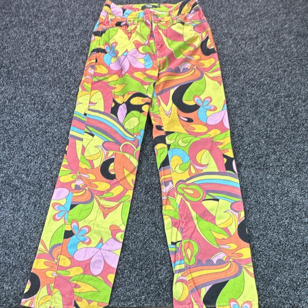 Jaded London Womens W28 Psychedelic Print Jeans Pants Y2K Retro Colorful Cotton